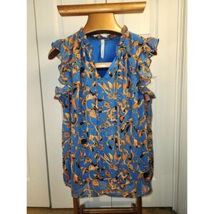 NY Collection Ruffled Sleeve Blouse With Tie Neck Blue/Yellow Floral  Size 2X